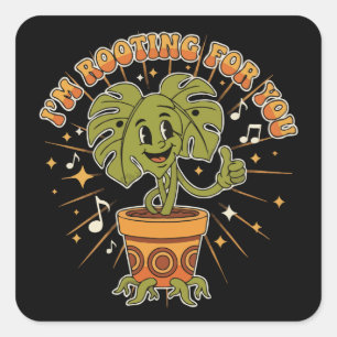 "Ik Steun Je" Retro Cartoon Monstera Plant Vierkante Sticker