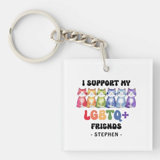Ik steun mijn LGBTQ-vrienden - Rainbow Cat Pride Sleutelhanger (Voorkant)