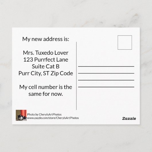 Ik verhuisde Schattige Tuxedo Cat Talking Photo Br Briefkaart (Achterkant)