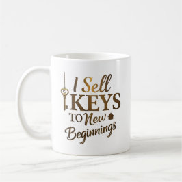 Ik verkoop sleutels aan makelaar voor nieuwe begin koffiemok