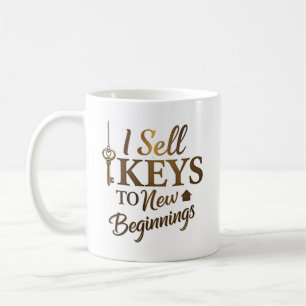 Ik verkoop sleutels aan makelaar voor nieuwe begin koffiemok