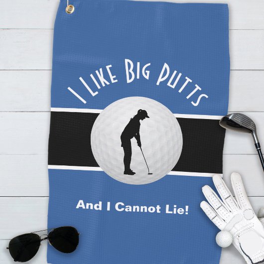 Ik vind grote putts grappige blauwe dame golfer golfhanddoek
