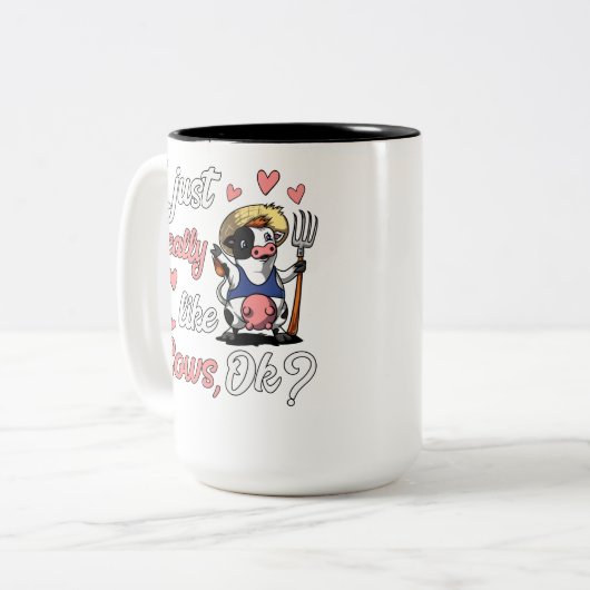 Ik vind het echt leuk dat koeien Boerderij kotsen Tweekleurige Koffiemok (Voorkant links)