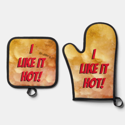 "Ik vind het lekker heet!" Ovenwant & Pannenlap Set (Voorkant)