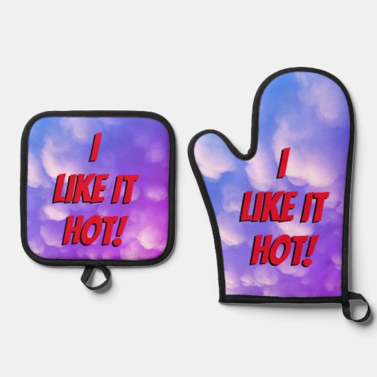"Ik vind het lekker heet!" Ovenwant & Pannenlap Set (Voorkant)