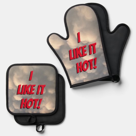 "Ik vind het lekker heet!" Ovenwant & Pannenlap Set (Voorkant / Achterkant)