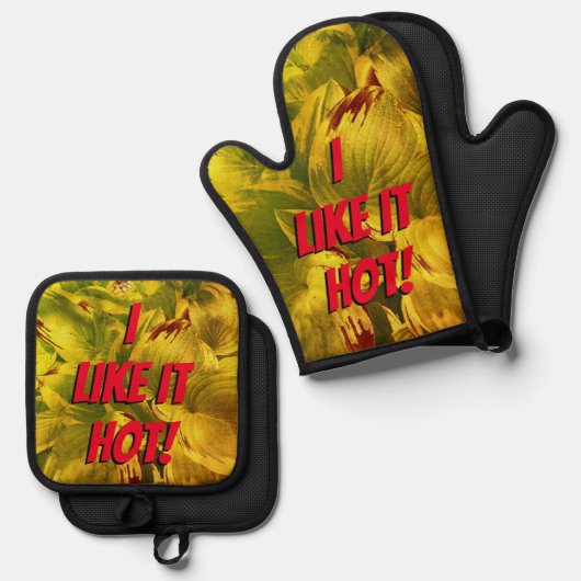 "Ik vind het lekker heet!" Ovenwant & Pannenlap Set (Voorkant / Achterkant)