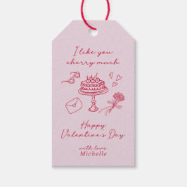 Ik vind je leuk Cherry veel Valentijnsdag Pink Bow Cadeaulabel