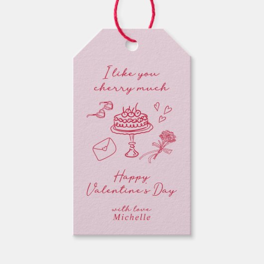 Ik vind je leuk Cherry veel Valentijnsdag Pink Bow Cadeaulabel (Voorkant)