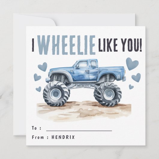 Ik vind Wheelie leuk | Blue Monster Truck Kinder Feestdagenkaart (Voorkant)