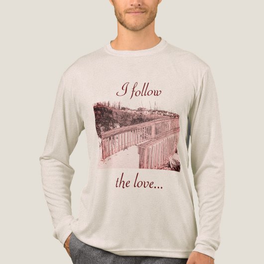 "Ik volg de liefde" Roze strand Walkway Art Tekeni Tri-Blend Shirt (Voorkant volledig)