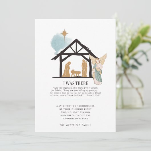 Ik was daar Angel Bible Quote Nativity Scene Feestdagenkaart (Staand voorkant)