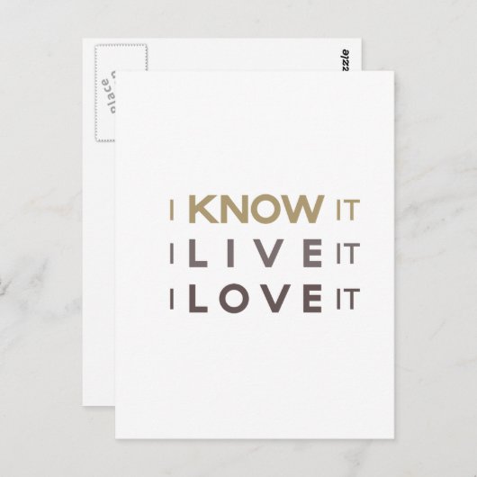 Ik weet het, ik leef het, ik hou ervan briefkaart (Voorkant / Achterkant)