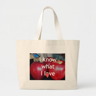 "Ik weet waar ik van hou" - Apple-thema Design Grote Tote Bag