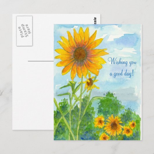 Ik wens je een goede dag Waterverf zonnebloemen Briefkaart (Voorkant / Achterkant)