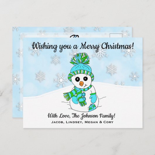 Ik wens je een prettige kerstblauwe sneeuwman briefkaart (Voorkant / Achterkant)