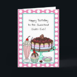 Ik wens u de Sweetest Birthday Sister Kaart<br><div class="desc">Zuster verjaardagskaart De voorzijde van de kaart heeft een gejummycake,  een milkshake,  een cupcake en een macaroon. Fysische verjaardagskaart.</div>