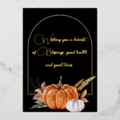 Ik wens u een Oogste Quote Oranje White Pumpkins Folie Feestdagenkaart (Voorkant)