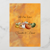 Ik wens u een Oogste Quote Oranje White Pumpkins Folie Feestdagenkaart (Achterkant)