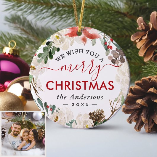 Ik wens u een prettige kerstfoto met Floral Keramisch Ornament