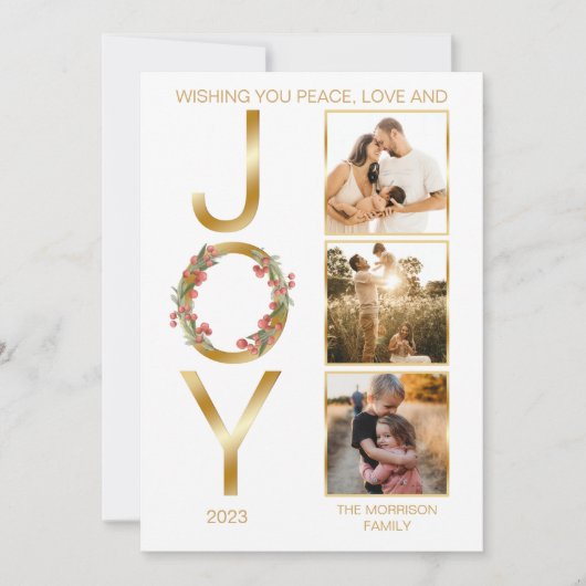 Ik wens u vredesliefde en vreugde met drie foto's  feestdagenkaart (Voorkant)