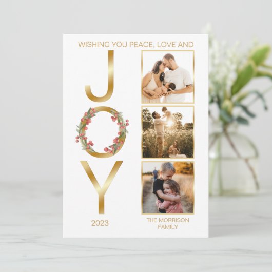 Ik wens u vredesliefde en vreugde met drie foto's  feestdagenkaart (Staand voorkant)