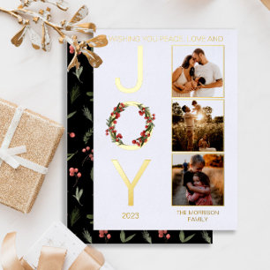 Ik wens u vredesliefde en vreugde met drie foto's  folie feestdagenkaart