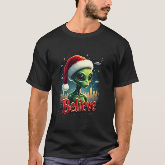 Ik wil aliens geloven UFO Grappige Alien Santa Hat T-shirt (Voorkant)