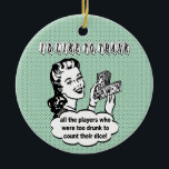 Ik wil Drink Bunco-spelers bedanken Keramisch Ornament<br><div class="desc">Funny Bunco-kerstversiering of Funny Bunco-prijs. De achtergrond bevat een minitroen (groen voor het geld dat u hebt gewonnen!) kleur met kleine zwarte polka stippen. Grappig Bunco zegt: "Ik wil alle spelers bedanken die te drink waren om hun doek te tellen!" (u weet wie zij zijn!) De achtergrondkleur kan worden veranderd...</div>