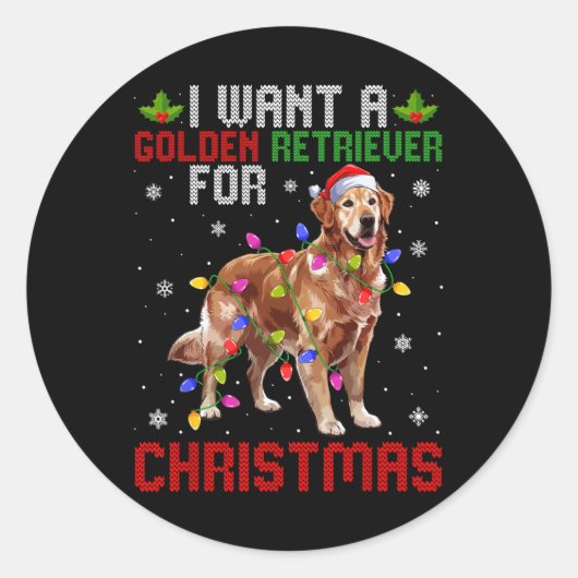 Ik wil een Golden Retriever voor de Kerstman Hoed Ronde Sticker (Voorkant)