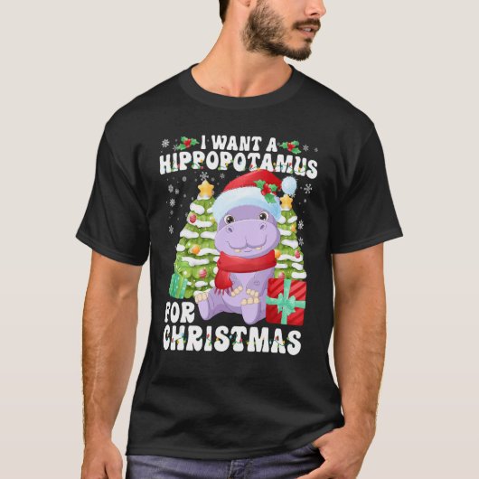 Ik wil een hippopotamus voor kerstlampjes Santa H T-shirt (Voorkant)