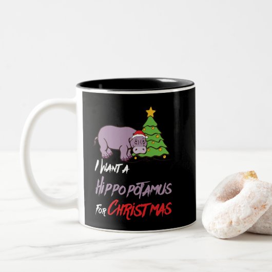 Ik wil een hippopotamus voor Kerstmis. Tweekleurige Koffiemok (Met donut)