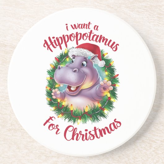 Ik wil een hippopotamus voor kerstvakantie hippo zandsteen onderzetter (Voorkant)