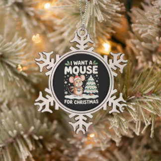 Ik Wil Een Muis Voor Kerstmis Kerstman Hoed Sneeuw Tin Sneeuwvlok Ornament