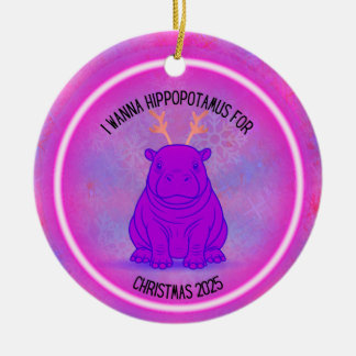 Ik wil een nijlpaard met Kerstmis - Paars Keramisch Ornament