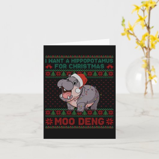 Ik wil een nijlpaard voor kerst Moo Deng Ugly Kaart (Gele Bloem)