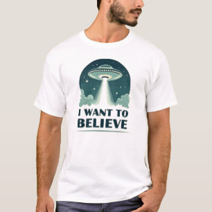 Ik Wil Geloven (Blauw UFO) Retro Buitenste Ruimt T-shirt