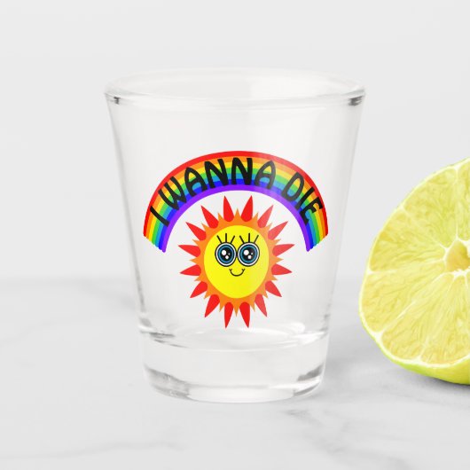 Ik wil sterven - regenboog lachende zon shot glas (Voorkant)