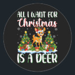 Ik wil voor Kerstmis is een hert kerstboom lichten Ronde Sticker<br><div class="desc">Ik wil voor Kerstmis is een hert kerstboom lichten</div>