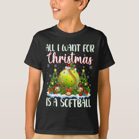 Ik wil voor Kerstmis is een softbal kerstboom lich T-shirt (Voorkant)