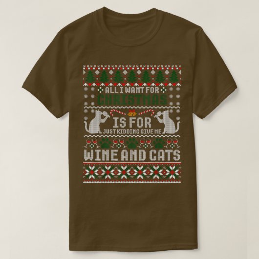 Ik wil voor Kerstmis wijn en katten Oogse Kerstmis T-shirt (Design voorkant)