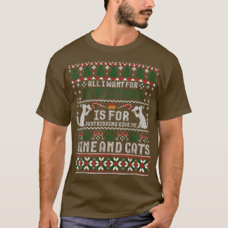 Ik wil voor Kerstmis wijn en katten Oogse Kerstmis T-shirt