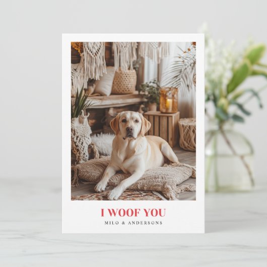 Ik woof je Red Dog Retriever Valentijnse Fotokaart Feestdagenkaart (Staand voorkant)