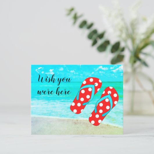 Ik wou dat je hier was met een rode Teenslippers b Briefkaart (Staand voorkant)