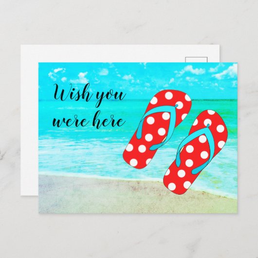 Ik wou dat je hier was met een rode Teenslippers b Briefkaart (Voorkant / Achterkant)