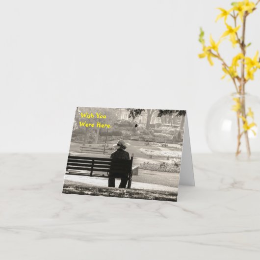 Ik wou dat je hier was op Park Bench Note Card Kaart (Gele Bloem)