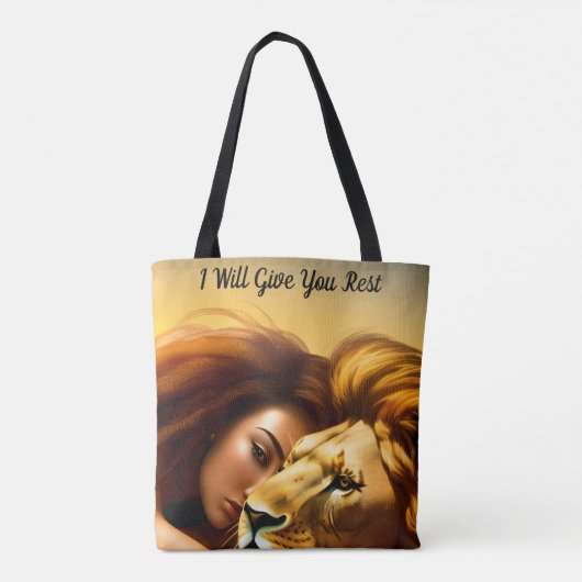 Ik zal je rust bijbel passage leeuw en vrouw geven tote bag (Achterkant)