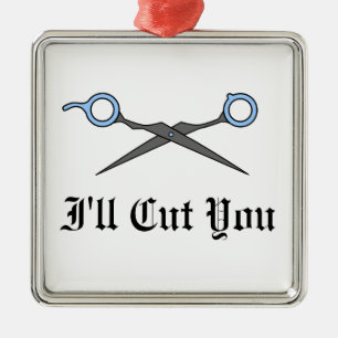Ik zal je snijden (blauwe haarsnijschaar) metalen ornament