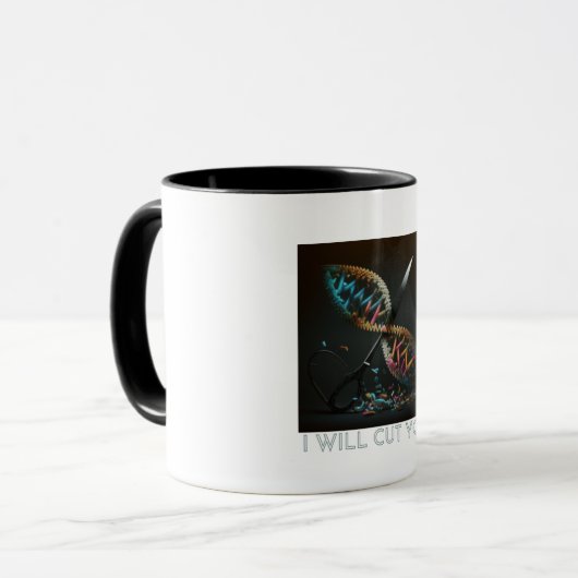 Ik zal je snijden, genenbewerking, chips mok (Voorkant links)