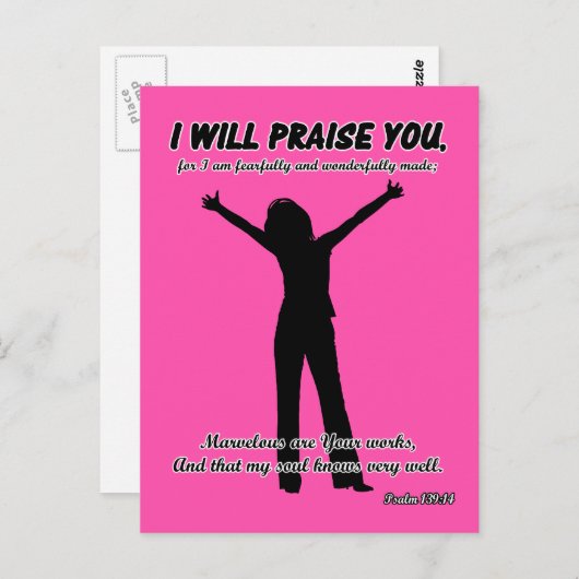 Ik zal u even opvrolijken - Psalm 139:14 roze Silh Briefkaart (Voorkant / Achterkant)